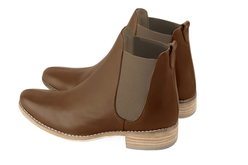 Caramel brown women's ankle boots, with elastics. Round toe. Flat leather soles. Rear view - Florence KOOIJMAN